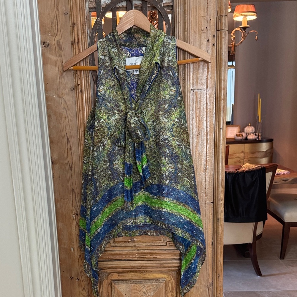 Analili Green and Blue Patterned Blouse Attached Tie